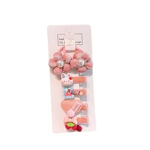 Lot de 5 chouchous fleurs en velours rose et barrettes de dessin animé pour filles