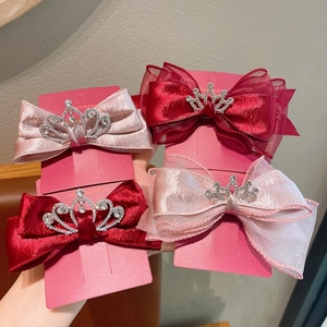 Barrettes à cheveux nœud en velours rouge et rose avec couronne en strass pour filles