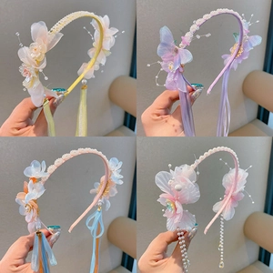 Oude Chinese Stijl Fee Haarband Voor Meisjes Handgemaakte Gaas Bloem Vlinder Kunstparel Lange Streamer Kwastje Hoofdband Kinderen Haaraccessoire