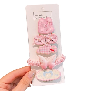 Set de 5 accesorios para el pelo de niña rosa con conejo de cuadros y lazos