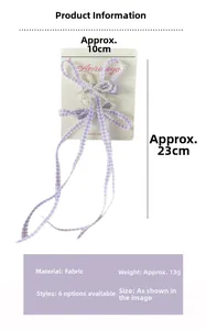 Detail of purple plaid bow hair clip with pearls, measuring 10x23cm and weighing 13g