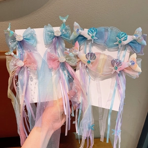 Kids Mermaid Tail Ribbon Bow Hair Clips With Long Tassel Sequin Shell Starfish Hairpins Princess Hair Accessories For Girls
