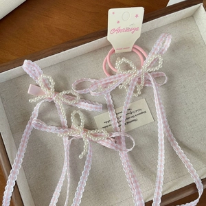Pink plaid bow hair clips with white pearl trim and lace ribbons for girls