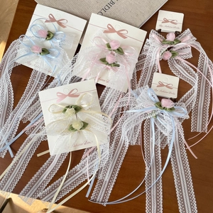 Pinza para el Cabello de Encaje con Lazo y Cintas Largas Flor de Rosa de Tela Accesorios para el Cabello Estilo Hada para Niñas