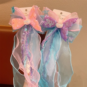 Sparkly mermaid tail sequins hair clips with organza streamers for kids and girls