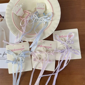 Pink plaid bow hair clip with pearls and lace ribbon for balletcore style sweet hair accessory