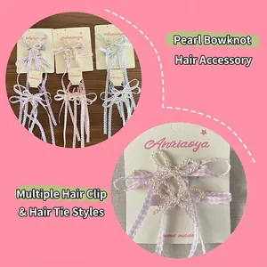 Pink pearl bow hair clip with plaid ribbon and lace for sweet ballet style
