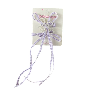 Elegant purple plaid bow hair clip with faux pearl strings and metal duckbill clip