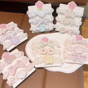 Ensemble de Chouchous pour Enfants Tissu à Pois Carreaux Élastiques à Cheveux Nœud en Résine Cœur Fleur Accessoires Cheveux Filles