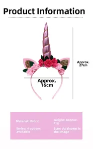 Detailed view showing unicorn horn headband dimensions with 27cm height and 16cm width