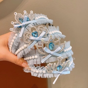 Kids Princess Crown Hair Clip Blue Lace Mesh Bow Sparkling Rhinestone Faux Artificial Pearl Hair Comb For Girls Party Birthday Accessories
