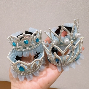Sparkling silver crown hair combs with blue rhinestones and mesh bows for little girls