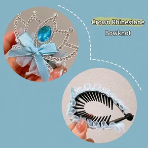 Kids rhinestone crown bow hair clip set with light blue mesh and banana clip styling