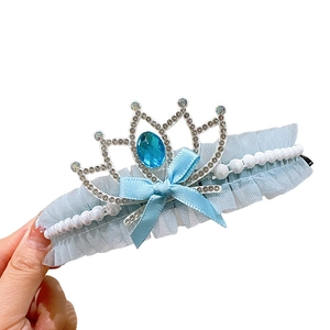 Blue princess crown hairband for girls featuring rhinestone tiara and satin ribbon bow