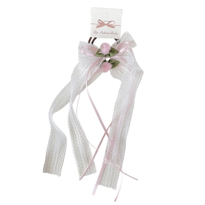 Elegante pinza de encaje blanco con lazo, flores rosas y cintas largas para pelo