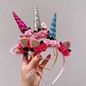 Kids Unicorn Headband With Cloth Flowers And Sequins For Halloween Birthday Party Costume Cosplay Hair Accessories
