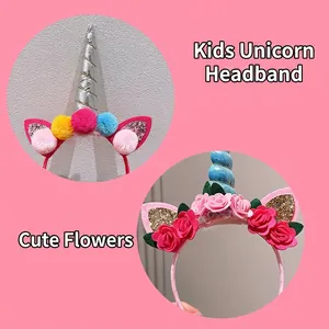 Unicorn headbands for kids with colorful floral accents and shiny sequins for parties