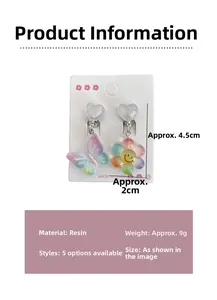 Detailed view of colorful resin clip-on earrings with heart, butterfly and flower charms