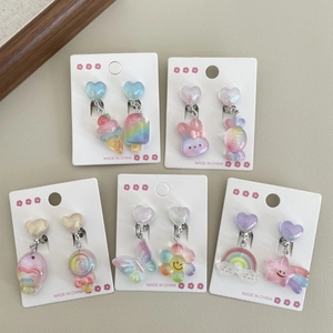 Sweet Macaron Resin Clip-on Earrings For Kids Little Girls Asymmetrical Rainbow Flower Rabbit Heart Cartoon Jewelry Gift