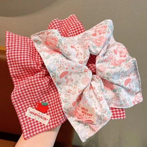 Floral and red gingham fabric scrunchie with cute bunny prints and apple embroidery