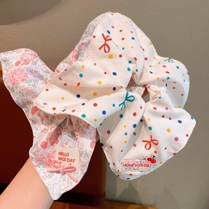 Floral print and colorful polka dot long ribbon scrunchie with cute decorative bow