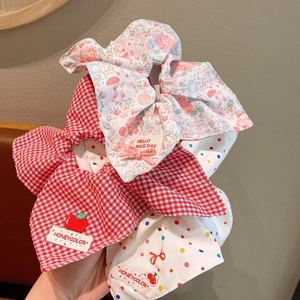 Girls Sweet Floral Gingham Fabric Scrunchies Cute Embroidery Bow Hair Ties Cotton Blend Hair Accessories For Kids Women