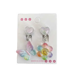 Asymmetric rainbow flower and butterfly clip-on earrings for girls with glitter hearts