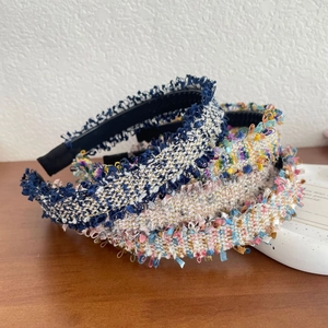 Wide woven headband set with tweed texture and fringe trim for makeup or facial washing