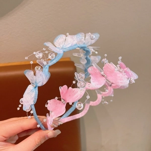Fermagli per capelli a farfalla rosa e blu con perle e cristalli per bambine