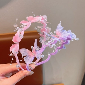 Cerchietto per capelli con farfalle in rete rosa sfumata e perline luccicanti per bimbe