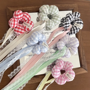 Handmade plaid flower lace scrunchies for girls with ribbons in six vibrant colors