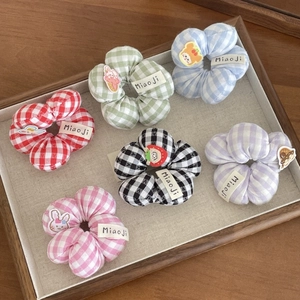 Scrunchies a Fiori in Gingham per Bambini Elastici in Cotone Con Toppe Cartoon Dolci Accessori Capelli 3D per Ragazze