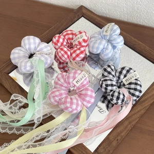 Kids Plaid Floral Scrunchie With Long Streamers And Lace Trim Sweet Gingham Hair Tie For Girls Hair Accessories