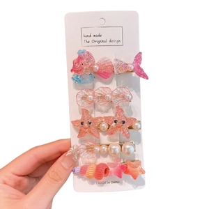 Set de 5 barrettes thème océan avec sirène rose et étoiles de mer scintillantes pour filles