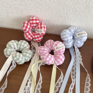 Floral plaid hair scrunchies with long ribbons and lace for girls' hairstyles