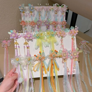 Barrettes Hanfu avec fleurs papillon, longs glands et rubans pour filles