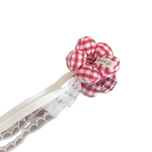 Red plaid flower hair scrunchie with long lace ribbons for girls princess hairstyles