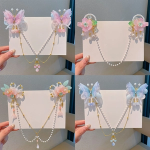Barrettes Cheveux Style Chinois Ancien Fleurs Papillon Avec Glands en Künstliche Perles Longue Chaîne Accessoire Cheveux Filles Enfants