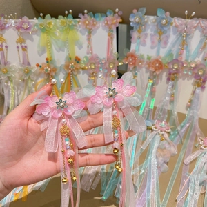 Pince à cheveux Hanfu avec fleurs en dégradé rose papillon et longs glands rubans