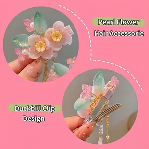 Barrettes à fleurs roses en résine pour filles avec perles et glands dorés