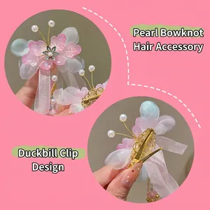 Pince à cheveux Hanfu avec pétales roses, rubans blancs et perles pour filles