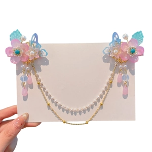 Pinces à cheveux Hanfu fleurs roses avec papillons bleus, glands et chaîne de perles