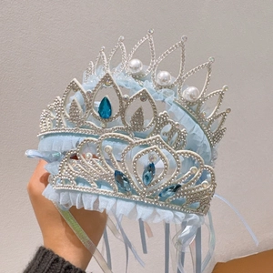 Girls Princess Crown Headband Sparkling Rhinestone Artificial Pearl Blue Lace Tiara For Birthday Party Kids Hair Accessories