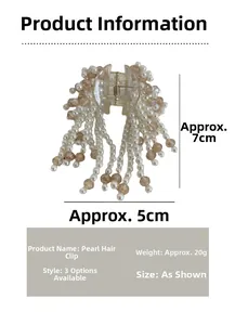 Detail view of pearl tassel hair claw clip with dimensions 7cm by 5cm and 20g weight