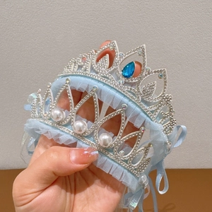 Light blue lace princess crown headband with rhinestones, pearls and teardrop gem