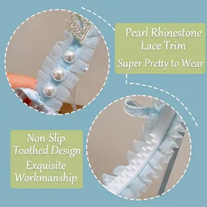 Blue lace crown headband for girls with white pearls, rhinestones and non-slip design
