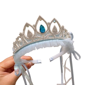 Sparkling blue princess crown headband with silver glitter and water drop gemstone