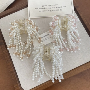 Three-piece elegant pearl tassel hair clips with champagne and pink beaded charms