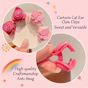 Cute pink cat ear hair clips with smiley face and butterfly details for girls
