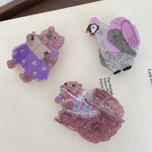 Cute animal hair claws featuring purple bear and pink squirrel in marbled acetate finish